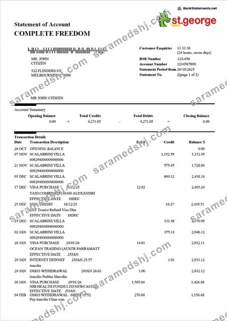 Australia St.George Bank statement of account Word and PDF template